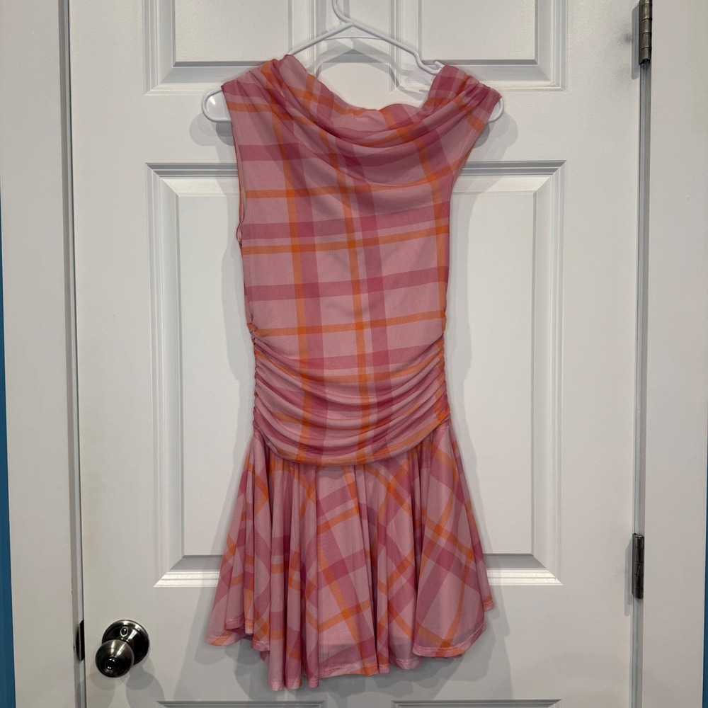 Altar'd State Pink Multi Plaid Cowl Neck Ruched Mini Dress Size Small - Picture 6 of 6